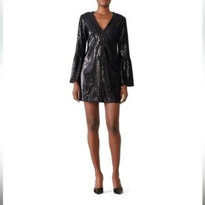 Nanette Lepore Sequin Sestina Dress Black long sleeve V neck bodycon Sz 6